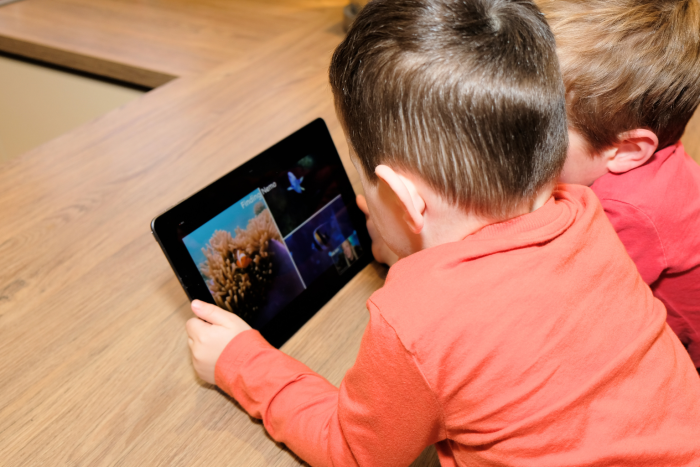Two boys watching a class on a tablet
