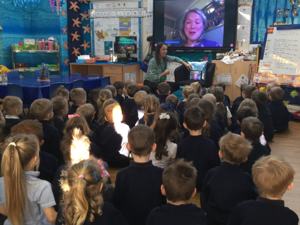 Virtual marine education session for a class at a school