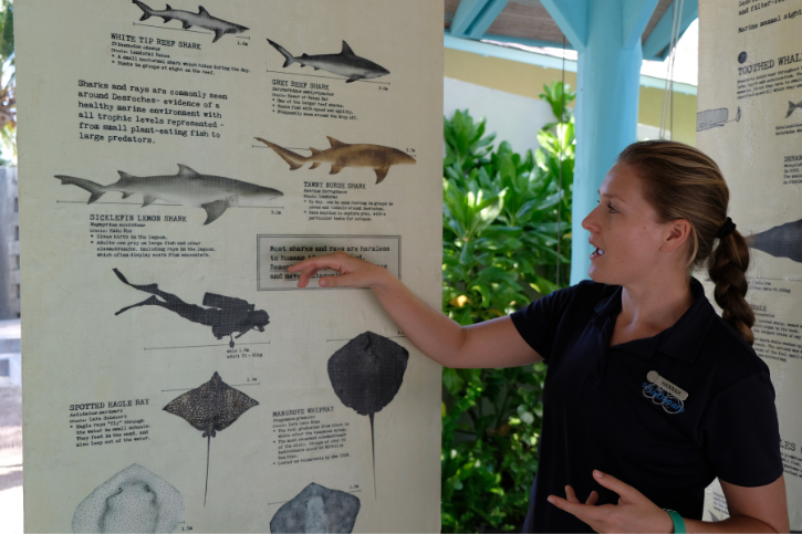 Marine educator Hannah with information board